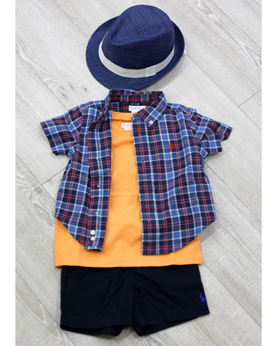 キッズ衣裳 ラルフローレンチェックシャツ+橙T（1歳）