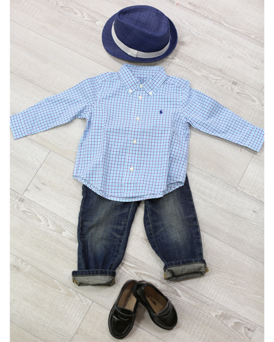 キッズ衣裳 ラルフローレン水色チェックシャツ+トミーヒルフィガーパンツ（2歳）