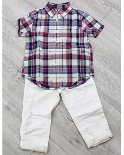 キッズ衣裳 ラルフローレンチェックシャツ+白パンツ（3-4歳）